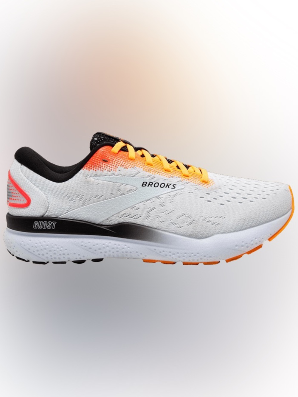 Brooks Ghost Running Shoe — White with Orange and Black Accents